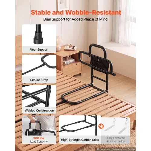 VEVOR Bettgitter für Senioren Aufstehhilfe mit Bodenstütze 136kg Tragkraft, Bettschutzgitter für Verschiedene Beittgrößen, Verstellbare Grifflänge & Höhe, mit LED-Beleuchtung Tasche & Sicherheitsgurt – Bild 2