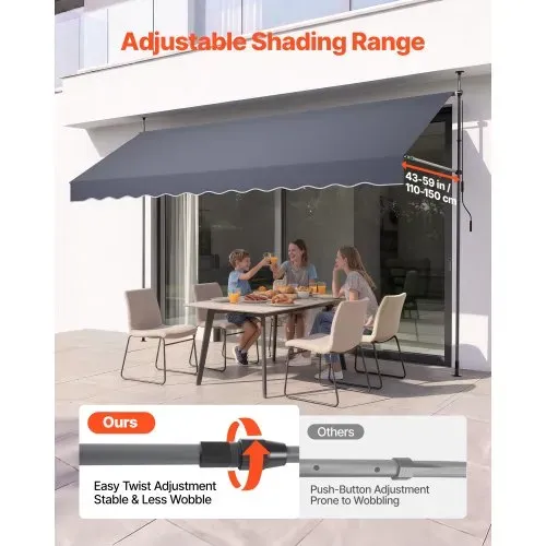 VEVOR Klemmmarkise 400 cm, Höhenverstellbare Markise mit Handkurbel, Terrassenmarkise UPF 80+ Sonnenschutz, Sonnenmarkise, Balkonmarkise, Ideal für Terrasse, Balkon & Garten, Dunkelgrau – Bild 3