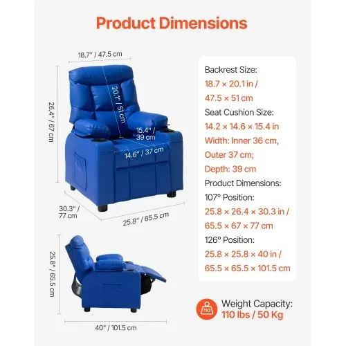 VEVOR Kindersofa mit Getränkehaltern und Seitentaschen, Kindersessel mit 107° bis 126° Verstellbarer Rückenlehne & Fußstütze, Liegesessel aus PU-Leder mit Fußstütze, Geeignet für Kinder (Blau) – Bild 3