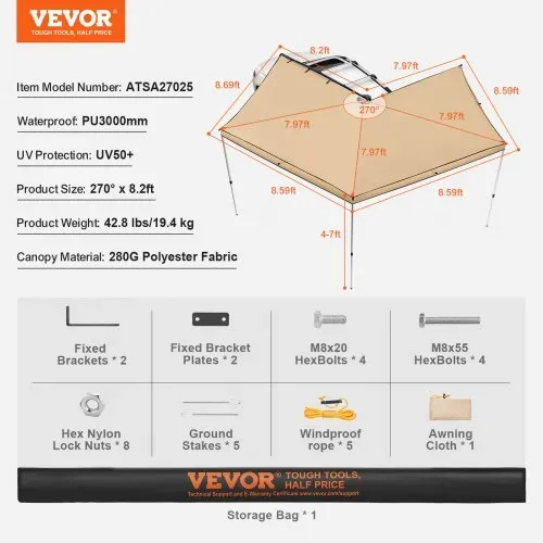VEVOR Vehicle Awning 270 Degree 2,5 m Height Retractable Car Side Awning UV50+ – Bild 6