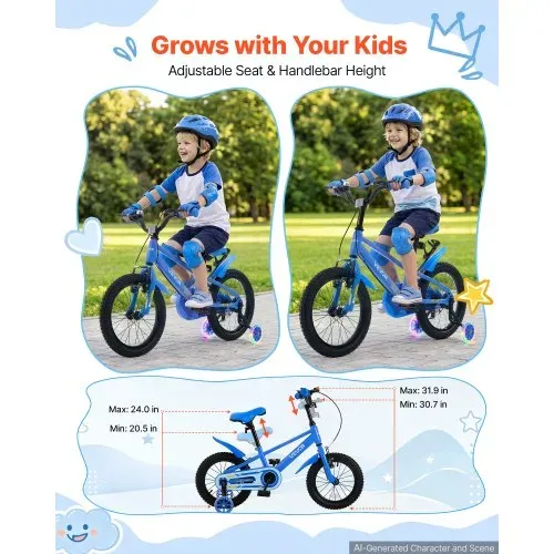 VEVOR Kinderfahrrad für 4-7 Straßenfahrrad 16 Zoll mit Stützrädern Blau, Kinderrad für Jungen & Mädchen, aus Kohlenstoffstahl, BMX-Stil, Doppelbremsen, Sattel & Lenker Verstellbar, Getränkehalter – Bild 4