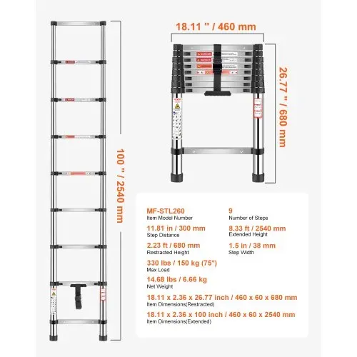 VEVOR Teleskopleiter, 254 cm lange, Ausziehleiter aus Edelstahl, Klappleiter mit Tragkraft von 150 kg (75°) & rutschfeste Füße, tragbare 9-Stufen-Leiter für Zuhause, Wohnmobil, Dachboden – Bild 6