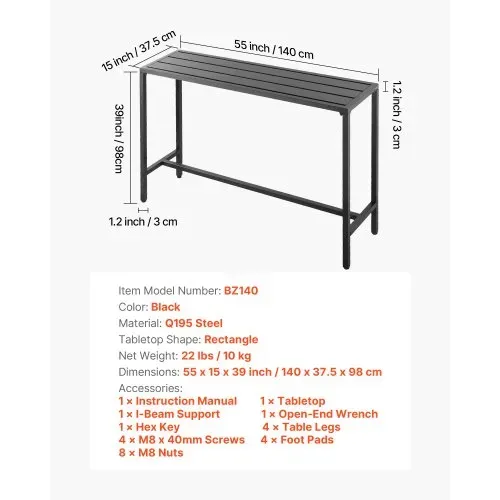 VEVOR Bartisch, 1400 x 375 x 980 mm, Bistrotisch, Stehtisch mit Metallgestell, rechteckige Esstische, Küchentisch, Tresentisch, Partytisch, Gartenmöbel für Balkon, Garten, Poolrand – Bild 6