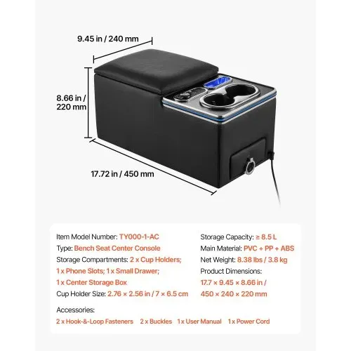 VEVOR Universal Mittelkonsole für Rücksitzbank 7-Farben LED 12-24 V Schwarz für Smartphones und Elektronikgeräte, QC- und PD-Typ-C-Ladung, Staufach, 2 Getränkehalter, Handyhalterung, Kleine Schublade – Bild 6