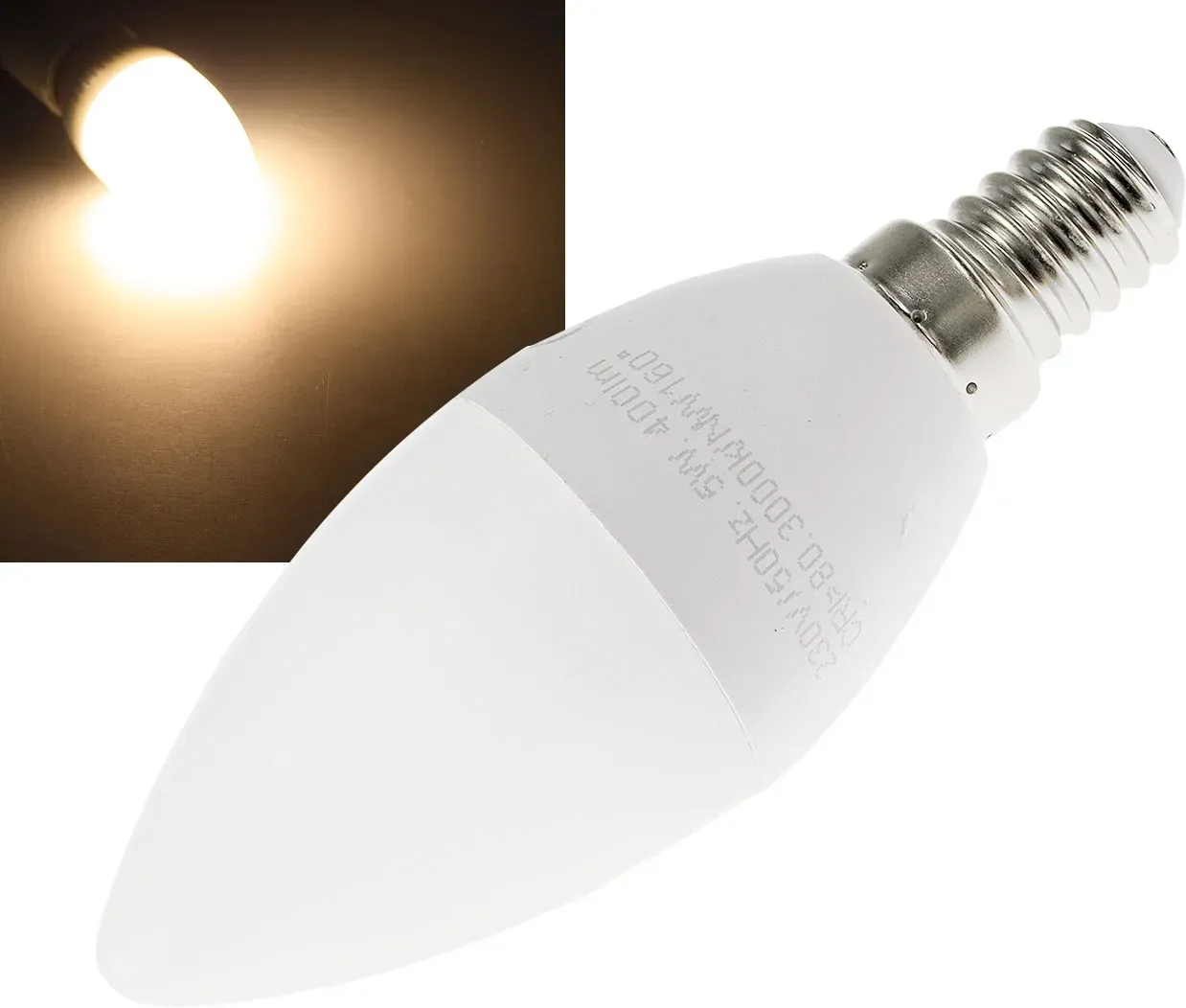 LED Kerzenlampe E14 “K50” warmweiß 3000k, 400lm, 230V/5W LED Kerzenlampe E14 “K50” warmweiß 3000k, 400lm, 230V/5W