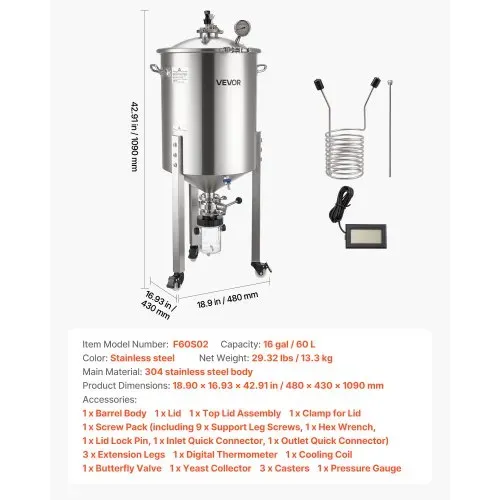 VEVOR konischer Gärbehälter Edelstahl 60 L Gärtank für Heimbrauen, Gärkessel mit konischem Boden & 3 Lenkrollen & Deckel & Griff & Thermometer, Gärfass für Wein- und Biergärung – Bild 6
