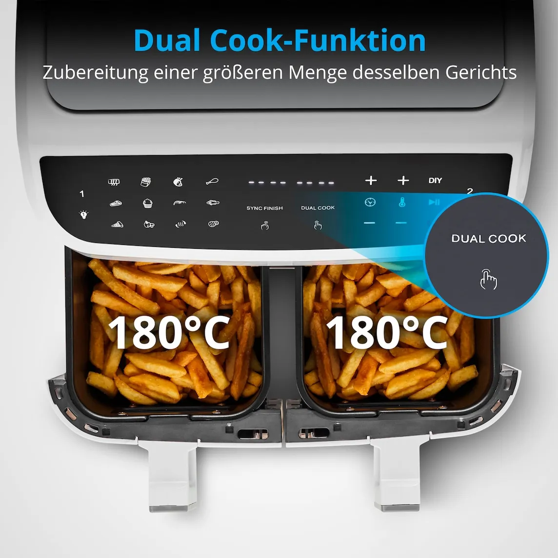MEDION LIFE P20 XXL Twin DoppelzonenHeißluftfritteuse MD 11760, 2 separate Garzonen, 9 Automatikprogramme, 8,7 L Gesamt-Nutzinhalt, 2.600 Watt, Temperatur einstellbar bis 200 °C – Bild 6