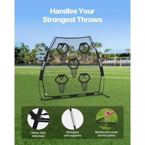 VEVOR Fußballtrainer Wurfnetz Übungsnetz (2265 x 1060 x 2100 mm) mit 5 Zieltaschen & tragbarer Aufbewahrungstasche & Gurten, Wurfelziel-Training für die Passgenauigkeit des Quarterbacks, Schwarz – Bild 3