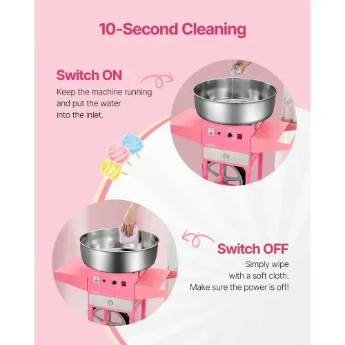 VEVOR elektrische Zuckerwattemaschine kommerzielle Zuckerwattegeräte mit Wagen (1000 W) mit 52 cm Edelstahlschüssel & Zuckerschaufel & Schublade, perfekt für Kindergeburtstage Familienfeiern Rosa – Bild 3