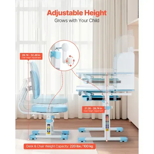 VEVOR Schreibtisch Kinderschreibtisch Arbeitstisch und Stuhl höhenverstellbarer (54-73 cm) belastbarer (100 kg) 0–40° neigbarer Tisch mit Bücherregal für Schlafzimmer Arbeitszimmer Schule Blau VEVOR Schreibtisch Kinderschreibtisch Arbeitstisch und Stuhl höhenverstellbarer (54-73 cm) belastbarer (100 kg) 0–40° neigbarer Tisch mit Bücherregal für Schlafzimmer Arbeitszimmer Schule Blau