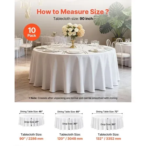 VEVOR 10 x runde Tischdecken Tischwäsche 2286 mm, knitterfreier Tischdeckenschutz, maschinenwaschbares Tischtuch aus Polyestergewebe für Partys Hochzeiten Bankette formelle Veranstaltungen, Weiß – Bild 4