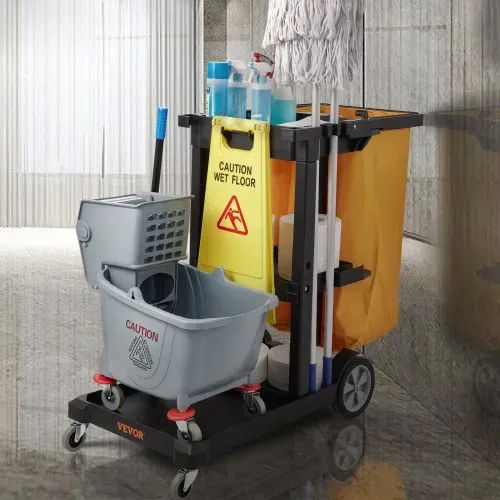 VEVOR Reinigungswagen Putzwagen mit 3 Fächern, Hygienewagen Reinigungswagen 90,7 kg Tragfähigkeit, Schwarz PP Wischwagen Systemwagen inkl. PVC-Müllsack & Handschuhe, geeignet für Büros, Malls, Hotels – Bild 7