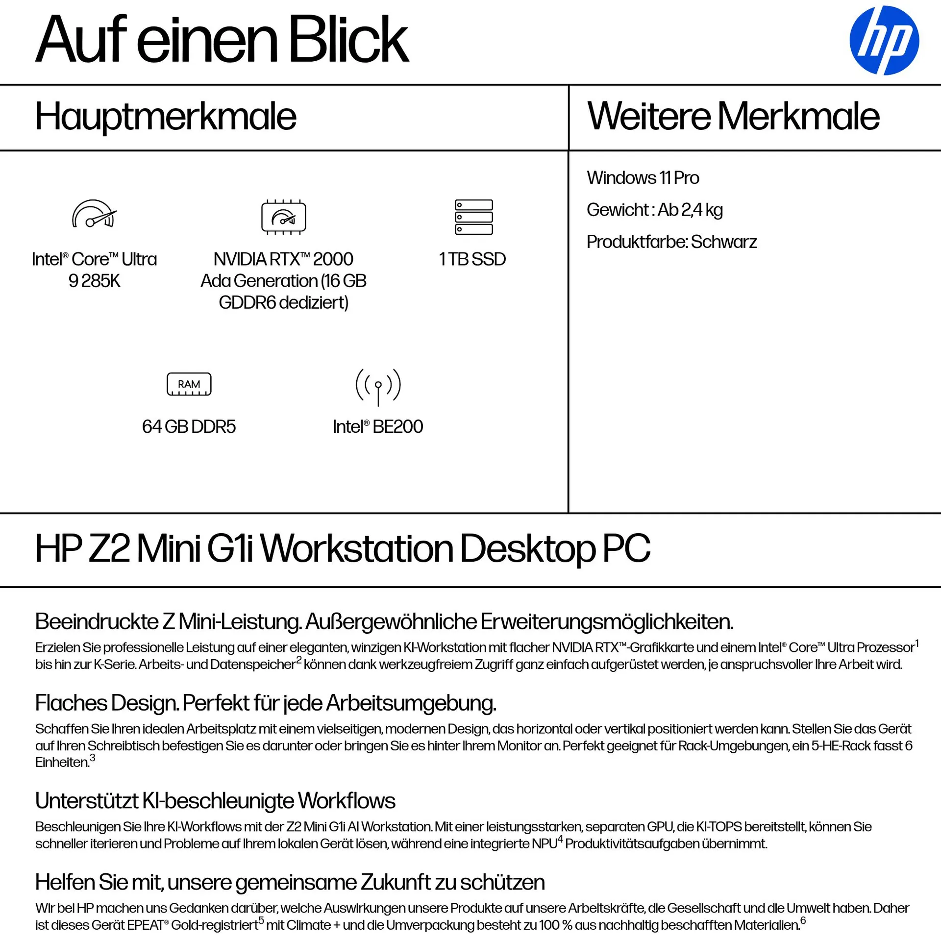 HP Z2 G1i Intel Core Ultra 9 285K 64 GB DDR5-SDRAM 1 TB SSD NVIDIA RTX 2000 Ada Windows 11 Pro Mini PC Arbeitsstation AI Workstation, AI PC Schwarz – Bild 3