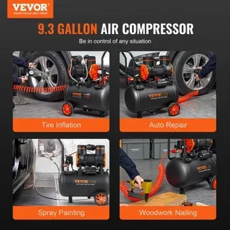 VEVOR 9,3 Gallonen-Luftkompressor, 2,5 PS, 2,2 CFM bei 90 PSI, ölfreier Luftkompressortank und max. 116 PSI Druck, 70 dB ultraleiser Kompressor für Autoreparatur, Reifenbefüllen, Spritzlackieren, Nageln von Holzarbeiten VEVOR 9,3 Gallonen-Luftkompressor, 2,5 PS, 2,2 CFM bei 90 PSI, ölfreier Luftkompressortank und max. 116 PSI Druck, 70 dB ultraleiser Kompressor für Autoreparatur, Reifenbefüllen, Spritzlackieren, Nageln von Holzarbeiten