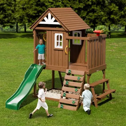 VEVOR Holzspielhaus Kinderspielhaus, Gartenhaus für Kinder ab 2 Jahren, Gartenspiele-Hütte, Spielhaus aus Zedernholz im Landhausstil mit Rutsche, Leiter, Kletterwand, Fenstern, Picknicktisch Outdoor – Bild 7
