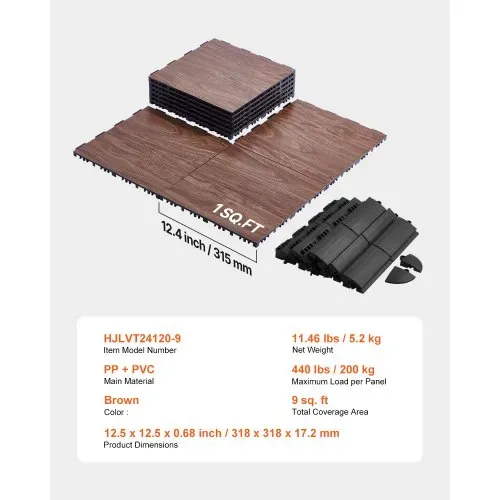VEVOR Bodenbelag-Set, Tanzbodenfliesen, 315x315 mm, 9-teiliger ineinandergreifender Tanzboden, tragbarer Tanzübungsboden mit gepolsterter Basis (Eichenholzmaserung, 9 Quadratfuß/Karton) – Bild 6