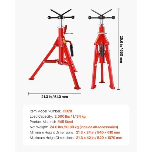 VEVOR Rohrstütze Kohlenstoffstahl Rohrständer V-Kopf Max. Belastbarkeit 1134 kg Rohrbock Höhenverstellbar von 61 bis 107 cm klappbare Beine zum Transport Ideal für Gewindeschneidmaschinen Rollennuten – Bild 6