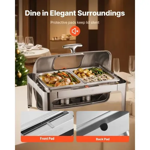 VEVOR Chafing Dish Set Speisenwärmer Edelstahl mit 2 Pfannen in halber Größe (3,9 L), rechteckiger Wärmespender mit sichtbarem Deckel & Wasserpfannenständer & Brennstoffhalter, für Partys Silber – Bild 6