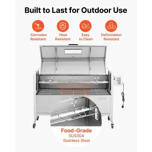 VEVOR Lammgrill 38 W 60 kg 1168,4 mm Drehspieß Spanferkelgrill Edelstahl für Garten und Terrasse, 4 Höhenstufen, Feststellbare Räder, mit Grillzange Faltbarem Deckelschutz Bürsten und Gewürzbehälter – Bild 5