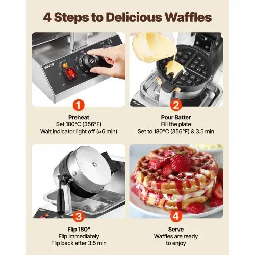 VEVOR Rundes Waffeleisen Waffel 1300 W, Kontaktgrill Belgische Waffeleisen 4 Stk. Edelstahl Waffeln Automat inkl. Lebensmittelclip & Bürsten & Verbrühungssicherer Griff, für Cafés, Restaurant usw. – Bild 4
