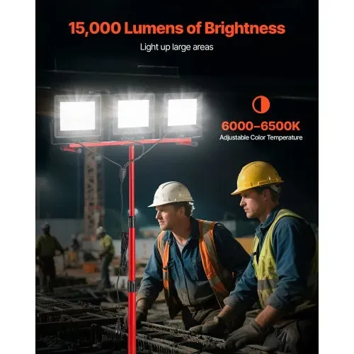 VEVOR Baustrahler LED mit Stativ, 15000 Lumen, 6000-6500K Arbeitsleuchte mit drei Köpfen, Einzelschalter, und 3,3 m Netzkabel, für Baustellenbau im Innen- und Außenbereich, IP65 wasserdicht VEVOR Baustrahler LED mit Stativ, 15000 Lumen, 6000-6500K Arbeitsleuchte mit drei Köpfen, Einzelschalter, und 3,3 m Netzkabel, für Baustellenbau im Innen- und Außenbereich, IP65 wasserdicht