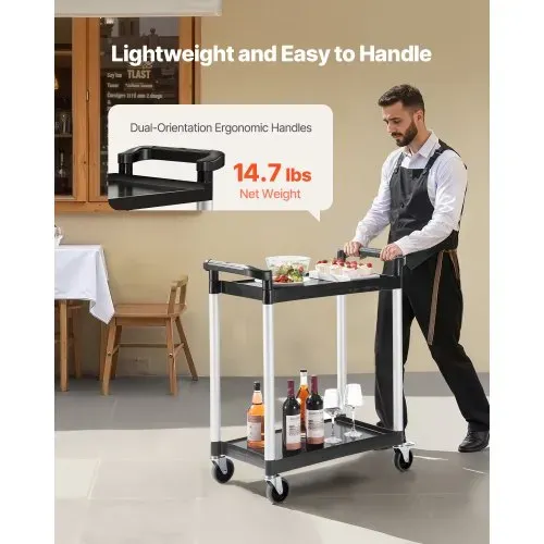 VEVOR Mehrzweckwagen, 136 kg Tragkraft, 2-stufiger Universalwagen aus Kunststoff mit 360° Schwenkrädern (2 mit Bremsen), 800x410x945 mm großer Servierwagen für Lager, Büro, Zuhause, Restaurant, Küche – Bild 4