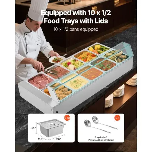 VEVOR kommerzieller Speisenwärmer (10 x 1/2 Größe Behälter), 1,7 kW elektrischer Wärmebehälter aus Edelstahl mit Glasabdeckung & Suppenkelle, Chafing Dishes für Catering Restaurant Party – Bild 2