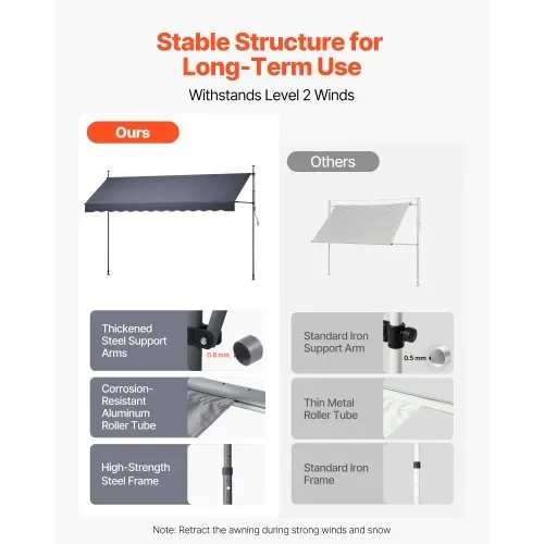 VEVOR Klemmmarkise 400 cm, Höhenverstellbare Markise mit Handkurbel, Terrassenmarkise UPF 80+ Sonnenschutz, Sonnenmarkise, Balkonmarkise, Ideal für Terrasse, Balkon & Garten, Dunkelgrau – Bild 5