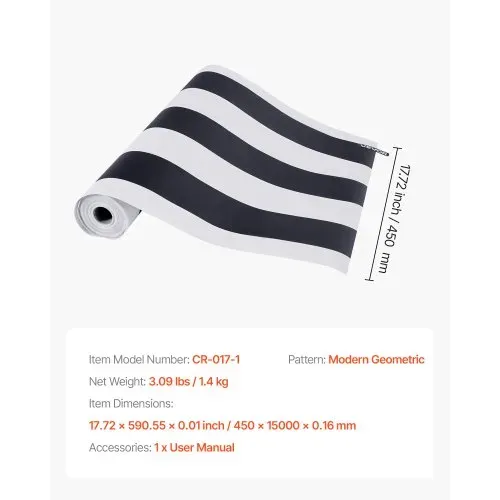 VEVOR Tapete selbstklebend, 45 cm x 15 m, Wandtapete, Klebefolie mit Streifen in Schwarz-Weiß, wasserfest, Möbelfolie, dekorative Vinylrolle für Schlafzimmer, Küche, Büro, Badezimmer – Bild 6
