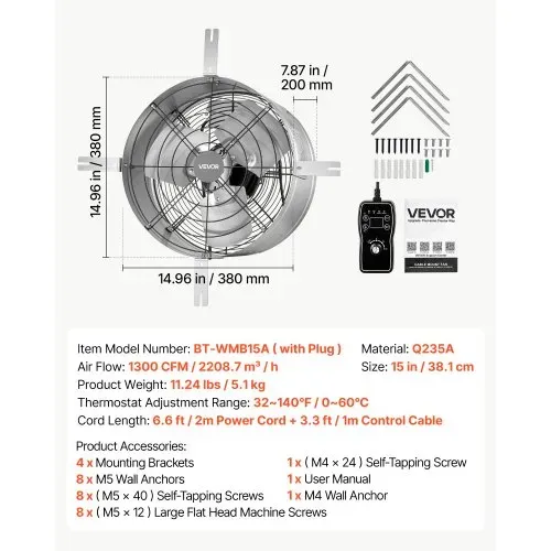 VEVOR Giebellüfter 38cm Dachbodenlüfter mit 2208,7m³/h Luftstrom Silber, Kühlung & Luftzirkulation für Dachboden Garage & Werkstatt, Kohlenstoffstahlgehäuse, mit Thermostat Netzkabel & Steuerkabel – Bild 6