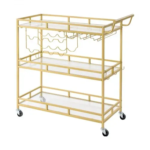 VEVOR Barwagen mit 3 Ebenen, Servierwagen mit Glashalter, Weinablage & Griff, Getränkewagen als Rollwagen für Wohnzimmer, Esszimmer und Küche, Küchenwagen in Goldfarben 880 x 380 x 890 mm – Bild 8