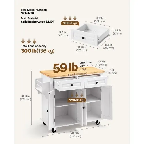 VEVOR Servierwagen Küchenwagen 1100 x 450 x 825 mm, 136 kg Belastbar Kücheninsel Küchenschrank, Rollwagen Küchentrolley mit Handtuchhalter & 2 Schubladen, Mikrowellenschrank Küchenrollwagen Massivholz – Bild 2