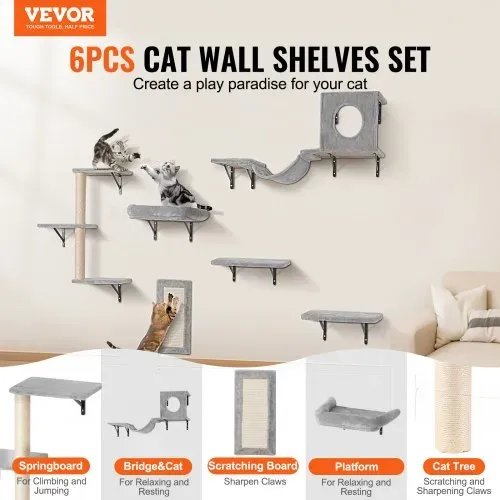 VEVOR Katzenregale zur Wandmontage, Katzenwandregale und Sitzstangen mit Sprungbrettern, Hängematte, Sofa, Katzenbaum & Katzengriff, Katzenmöbel und Regale bis zu 18 kg zum Schlafen, Spielen, Klettern, 6er-Set VEVOR Katzenregale zur Wandmontage, Katzenwandregale und Sitzstangen mit Sprungbrettern, Hängematte, Sofa, Katzenbaum & Katzengriff, Katzenmöbel und Regale bis zu 18 kg zum Schlafen, Spielen, Klettern, 6er-Set