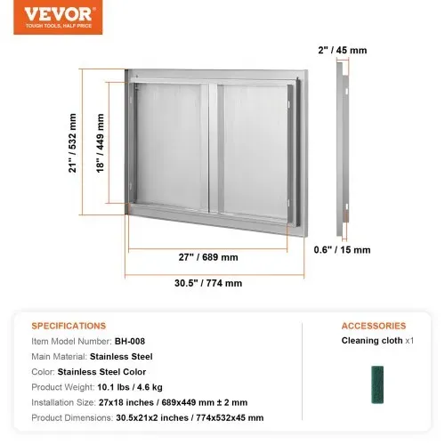 VEVOR Grill-Zugangstür, 774 x 532 mm, Doppelte Außenküchentür, Flächenbündig Montierte Edelstahltür, Vertikale Wandtür mit Versenkbaren Griffen, für Grillinsel, Grillstation, Außenschrank – Bild 6