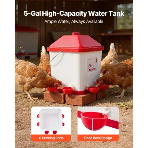 VEVOR Hühnertränke 19 L, Automatische Geflügeltränke mit 6 Wassernäpfen, Wasserspender, Schwerkrafttränke mit Griff & Dichtungsring, wasserdichtes PP-Material, verlustfreies Design, für Hühner – Bild 2