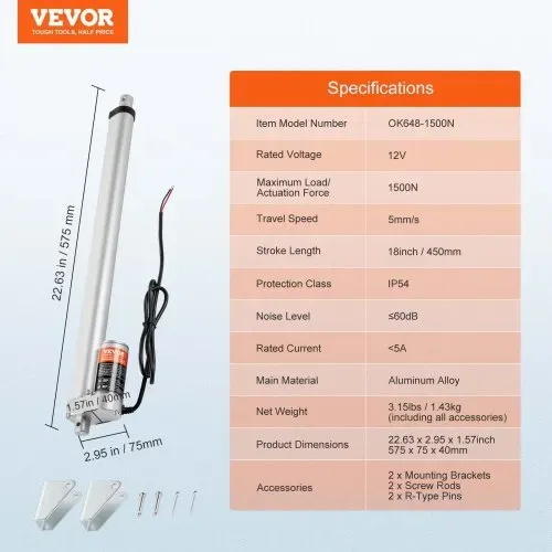 VEVOR 1500N Linear Actuator DC 12V Linearantrieb IP54 Elektrischer Linearmotor 450mm Hublänge Geräuschpegel ≤60dB Elektrische Türöffner 5mm/s Fahrgeschwindigkeit Lineartechnik Verstellantrieb – Bild 6