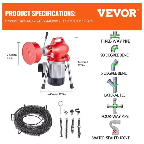 VEVOR Rohrreinigungsmaschine 66 Fuß x 5/8 Zoll, 250 W elektrische Rohrreinigungsmaschine mit manueller Zufuhr – mit 2 Stahlkabeln, 7 Schneidern und CW/CCW-Steuerung für 1,6" bis 4" Rohre – Bild 6