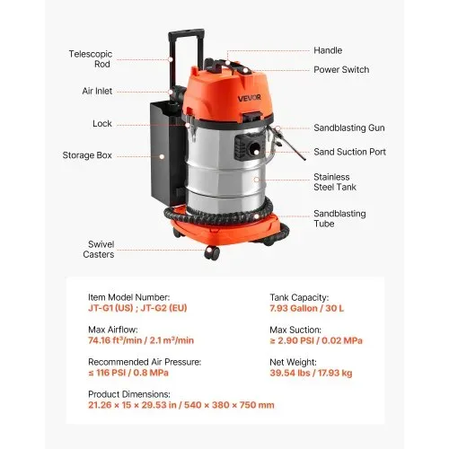 VEVOR Walnuss Strahlgerät 30 L, Sandstrahlgerät 1600 W, Sandstrahlanlage zur Entkohlung von Ansaugkrümmern & Ventilen, Sandstrahler inkl. 2,5 kg Walnussschalen & 23 Adapter – Bild 7