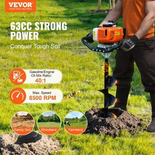 VEVOR Erdbohrer mit Benzinmotor, 63 CC, 2400 W, Benzinbohrer mit 8-Zoll-Bohrkronen und 1 Verlängerungsstange, Lochbohrer für Pfostenzäune für Ackerland, Gartenpflanzen, Orange+Schwarz VEVOR Erdbohrer mit Benzinmotor, 63 CC, 2400 W, Benzinbohrer mit 8-Zoll-Bohrkronen und 1 Verlängerungsstange, Lochbohrer für Pfostenzäune für Ackerland, Gartenpflanzen, Orange+Schwarz