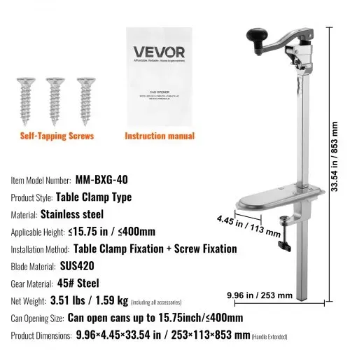 VEVOR kommerzieller Dosenöffner, manueller Tischdosenöffner für Dosen bis zu 40 cm Höhe, höhenverstellbarer Konservenöffner mit Schrauben & Tischklemme, Büchsenöffner für Restaurants Hotels – Bild 6