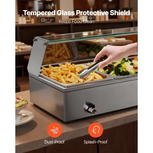 VEVOR kommerzieller Speisenwärmer mit Glasabdeckung & 3 Behälter (1/2-Größe) 1,5 kW Buffetwärmer Edelstahl, Buffetbehälter Buffet-Wasserbad Speisenwärmstation für Restaurants Partys Buffets – Bild 3