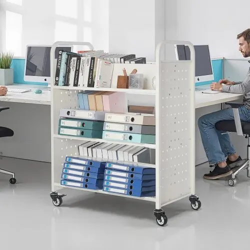 VEVOR Bücherwagen, 150kg Tragkraft, Bibliothekswagen, 97x51,5x122,5cm, Doppelseitiges W-förmiges Bücherregal mit Doppelbremsrollen, Bücherregalwagen für Wohnzimmer, Büro, Schule, Weiß – Bild 7