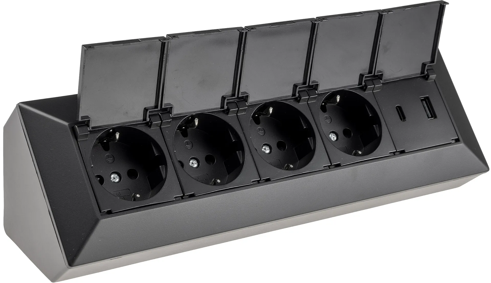 4-fach Steckdosenblock, USB-A+C, schwarz 250V~/ 16A, USB 3,1A, PD, mit Klappen 4-fach Steckdosenblock, USB-A+C, schwarz 250V~/ 16A, USB 3,1A, PD, mit Klappen
