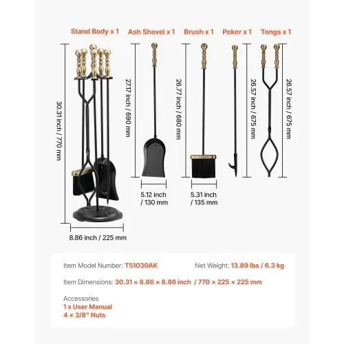 VEVOR Kaminbesteck-Set, 5-teiliges Ofenbesteck-Set, fünfzackiger Ständer, Zange, Ascheschaufel, Bürste, Schürhaken, Kaminzubehör aus Schmiedeeisen für drinnen und draußen, Schwarz und Messing – Bild 6