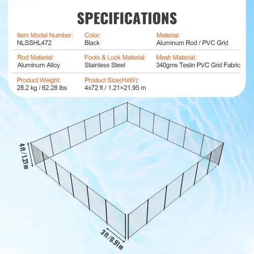 VEVOR Poolzaun, 1,21 x 21,95 m abnehmbarer Kindersicherheits-Poolzaun, einfache DIY-Installation, Schwimmbadzaun, 340 g Teslin-PVC-Poolzaunnetz, schützt Kinder und Haustiier – Bild 6