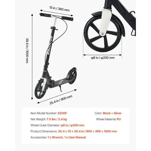 VEVOR Scooter (2 Räder) für Kinder ab 8 Jahren, Cityroller Kinderroller Straßenroller mit höhenverstellbarem Lenker & rutschfestem Deck & Handbremse, Tretroller bis zu 100 kg, Schwarz + Silber – Bild 6