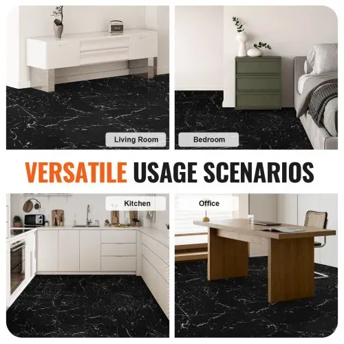 VEVOR Selbstklebende Vinyl-Bodenfliesen, 30,5 x 30,5 cm, 50 Stk., 1,5 mm dick, zum Abziehen und Aufkleben, schwarze Marmorstruktur, DIY-Bodenbelag für Küche, Esszimmer, Schlafzimmer und Badezimmer – Bild 5