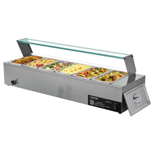 VEVOR kommerzieller Speisenwärmer (6 x 1/3 Größe Behälter), 1,5 kW elektrischer Wärmebehälter aus Edelstahl mit Glasabdeckung & Suppenkelle, Chafing Dishes für Catering Restaurant Party – Bild 8