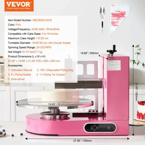 VEVOR einstellbare Tortencremestreichmaschine elektrische Tortendekorationsmaschine zum Verteilen von Kuchencreme, zum Bestreichen und Schmieren von Kuchenglasuren, für 10,16 bis 40,64 cm Kuchen Rosa – Bild 6