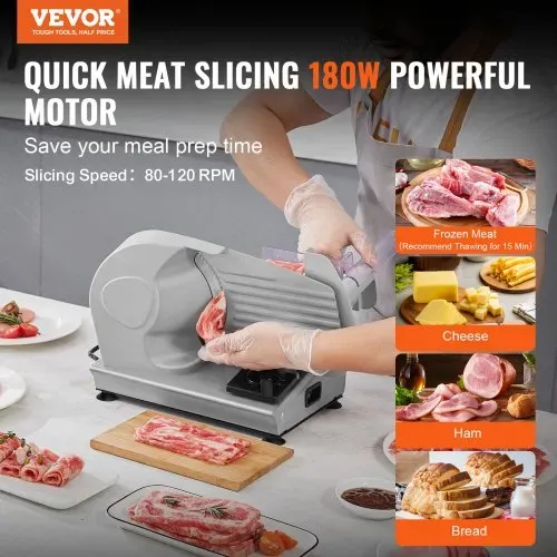 VEVOR Heimgebrauch Fleisch Allesschneider 180 W, 80–120 U/min Elektrische Aufschnittmaschine Lebensmittelschneider mit SUS420 Klingen, 0–15 mm Einstellbare Dicke für Fleisch, Käse usw. VEVOR Heimgebrauch Fleisch Allesschneider 180 W, 80–120 U/min Elektrische Aufschnittmaschine Lebensmittelschneider mit SUS420 Klingen, 0–15 mm Einstellbare Dicke für Fleisch, Käse usw.